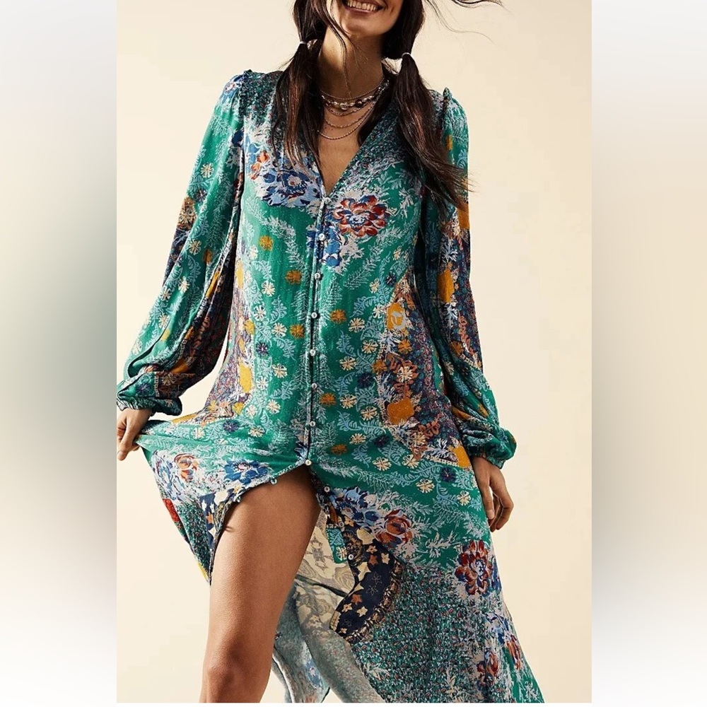 FREE PEOPLE Sz XS MARAIS PRINTED MIDI IN EMERALD COMBO